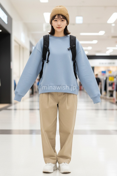 NGになりやすい例:ハリ素材と全身ゆったりの組み合わせ