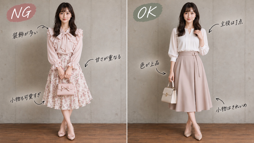 甘すぎると逆効果？大人フェミニンをおしゃれに見せる服の選び方